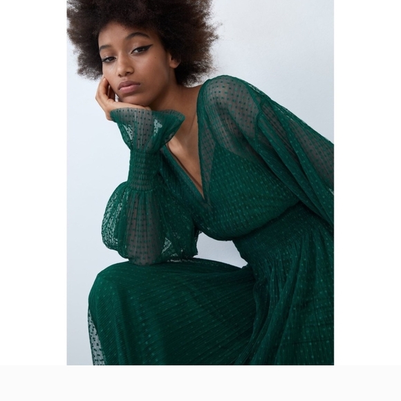 Zara Green Long Sleeve Dress Weddings Slip Sheer Midi Gorgeous Deep Green Small - Picture 4 of 16